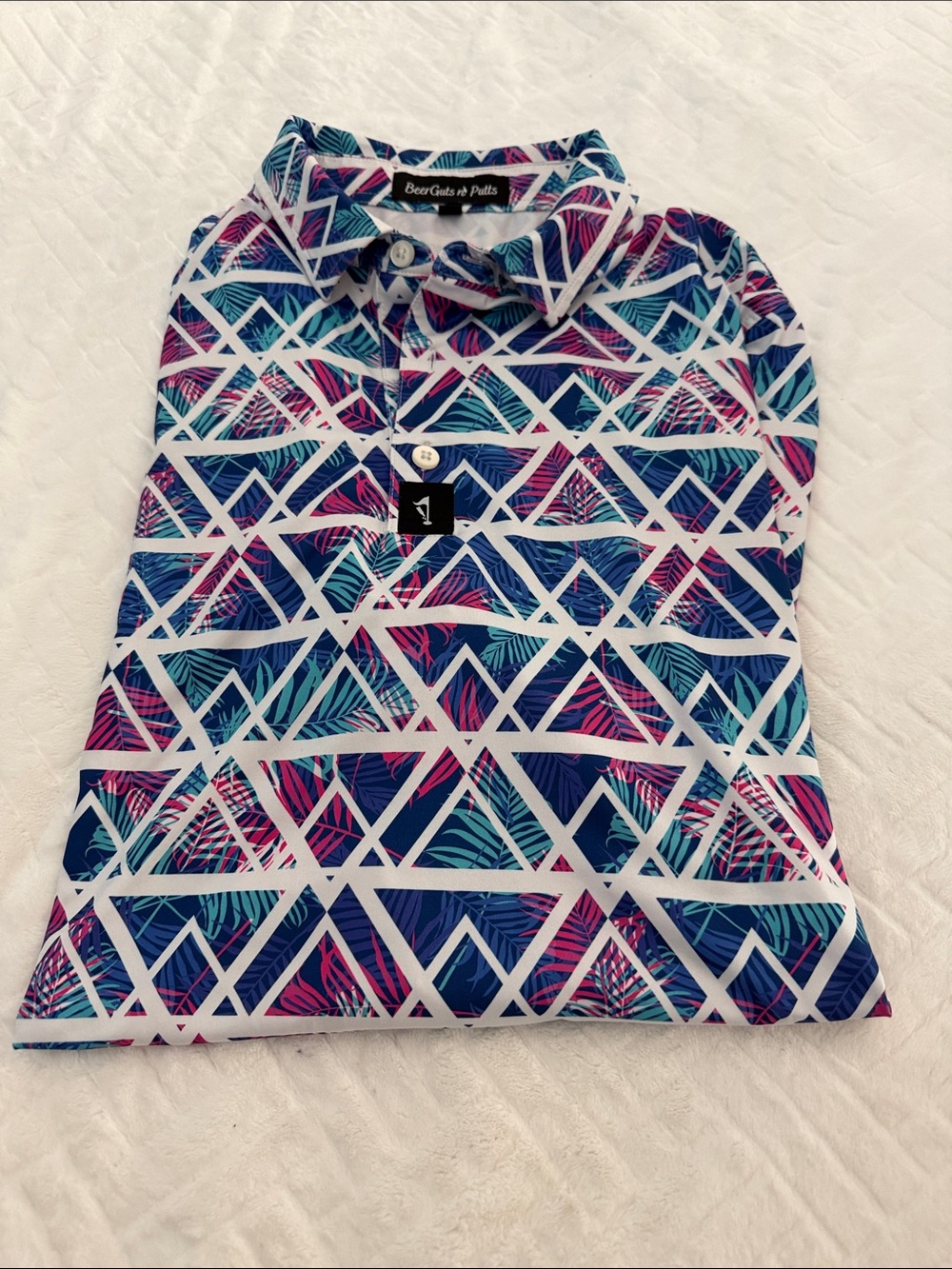 Men's Geometric Tropical Print Polo - Blue/Pink Beer Guts & Putts Golf size M